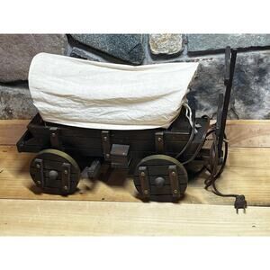 Vintage Wooden Hand Made Wagon Table/Night light lamp. Covered. Western. Handle